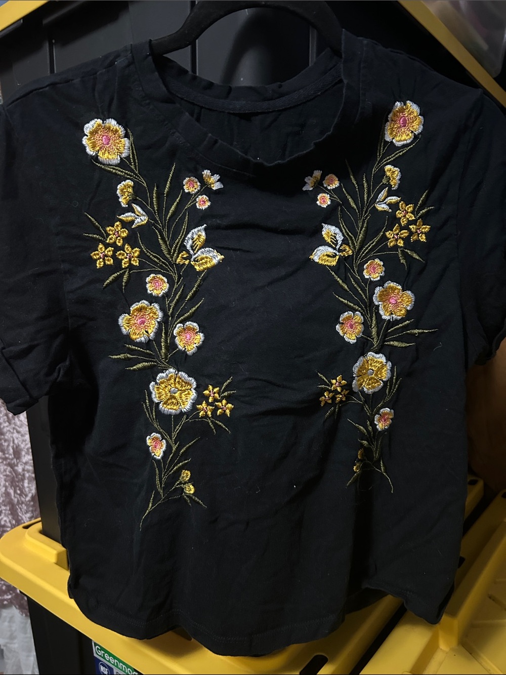 Black Tee with Yellow & Pink Floral Embroidery size large petite or crop
